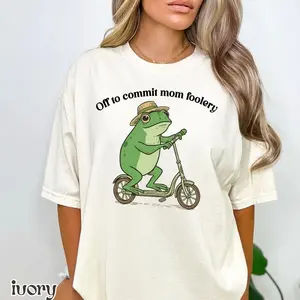 Women's Casual Streetwear T-Shirt, Soft Casual "Off To Commit Mom Foolery" Top, Funny Frog Scooter Design, Mom Gift, Pregnancy Announcement Tee - Lauriel Designs