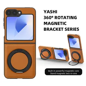 Luxury PU Leather Phone Case for Samsung Galaxy Z Flip7/6/5/4/3, Wireless Charging Support, 360° Rotating Stand, Anti-Slip Design, Protective Cover