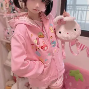 Harajuku Sweet Girls Pink Hoodies Japanese Kawaii Cartoon Print Long Sleeve Hooded Zipper Coats Women Cute Aesthetic Chic Jacket