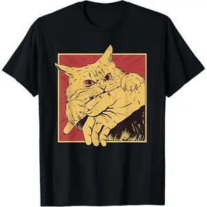 Cuddly Cat Bite Anime T-Shirt – Classic Crew Neck, Perfect for Sports and Casual Events