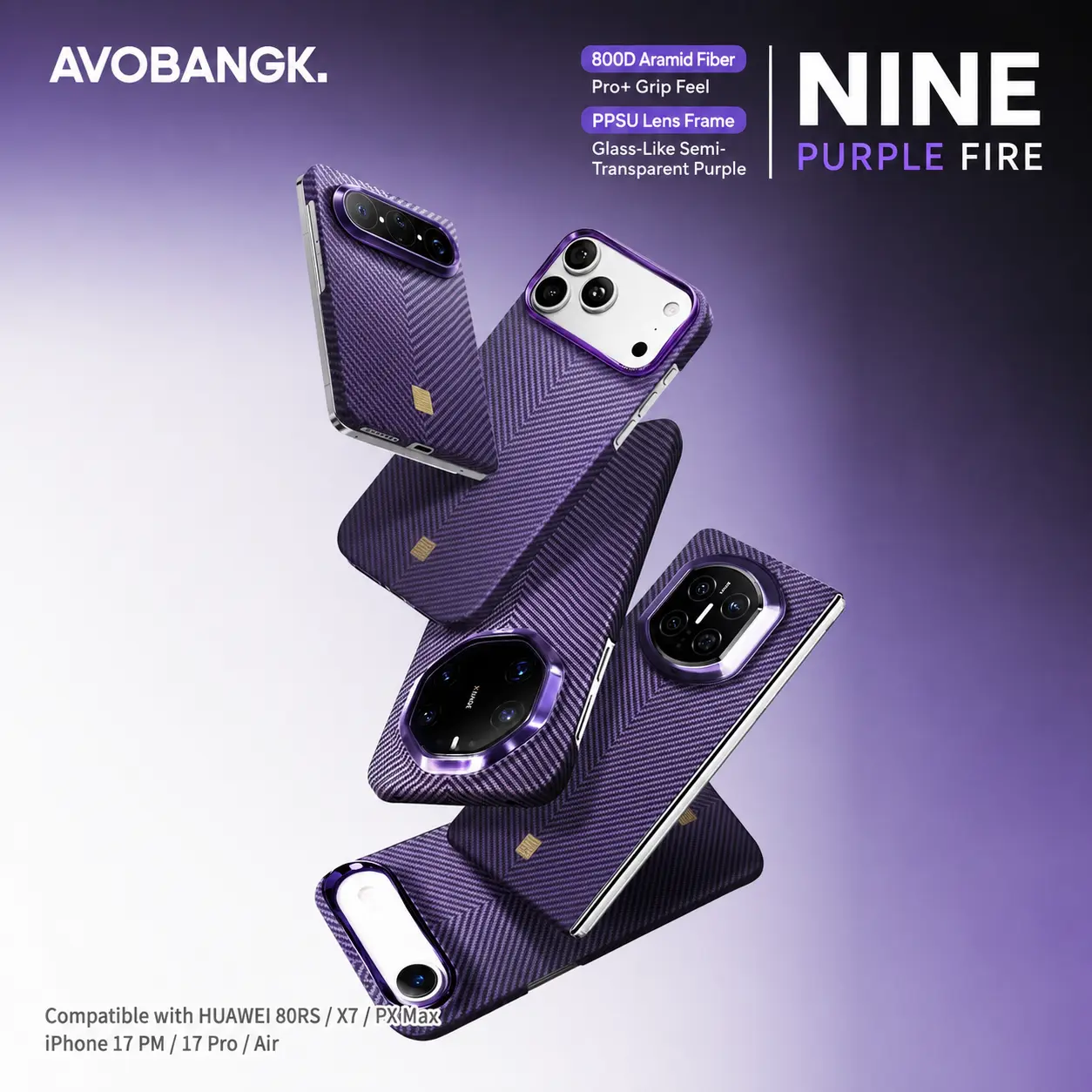 AVOBANGK 9 Purple Fire 800D Aramid Fiber Magnetic Smartphone Case - Purple V-Weave Half-Wrap Handheld Protection Cover with Button Access, Compatible with iPhone 17 Pro, iPhone 17 Pro Max, Cellphone Fit