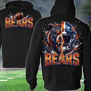 Strong Bears Football 2 Sided Hoodie, Football Player Sweatshirt, Sports Apparel, Orange & Navy Helmet Pullover Classic T-shirt, Graphic Printed Streetwear Top, 100% Classic Cotton, Gift For Fans