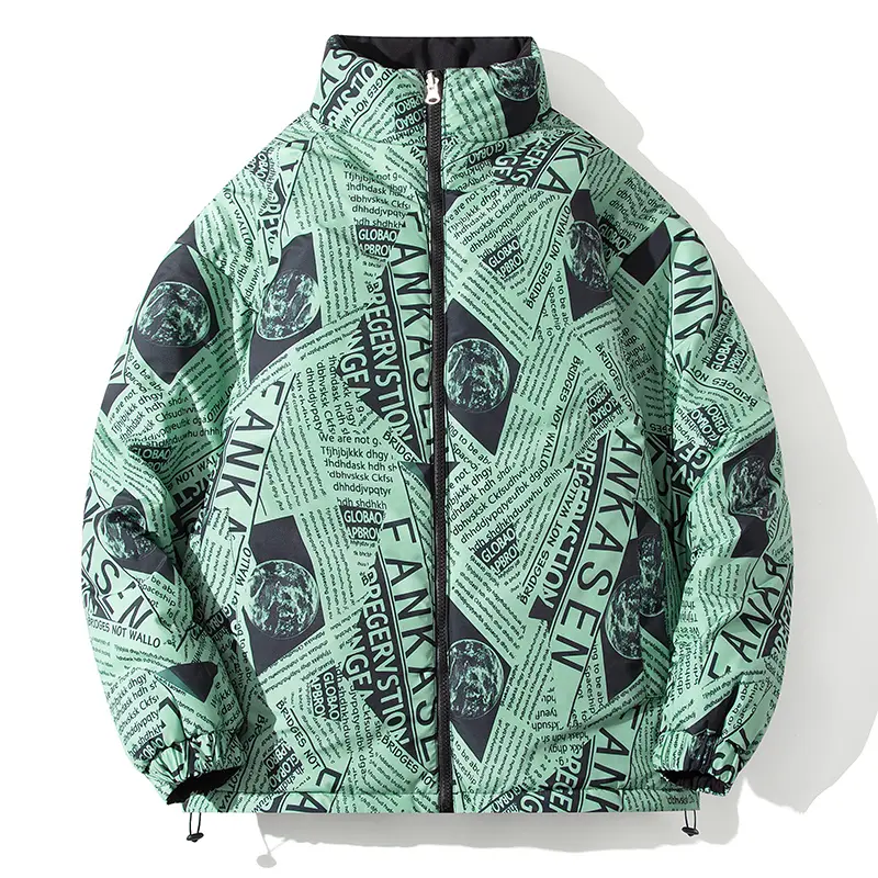 Men’s Casual Cotton Jacket - Menswear, Long Sleeve, Newspaper-Style Letter & Globe Motif, Stand Collar, Pull-On, Reversible, Warm Winter Outerwear Top