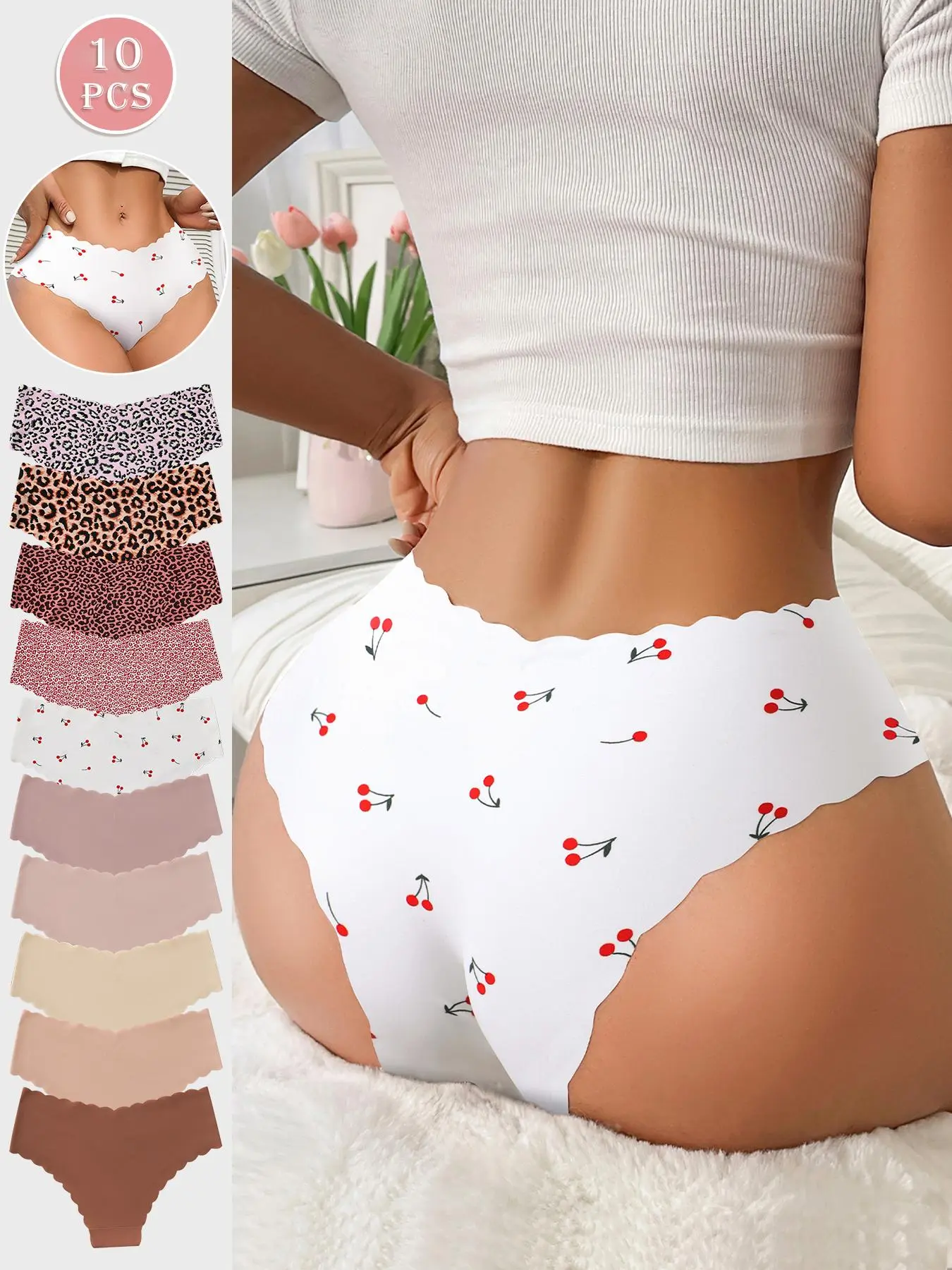 Women's Seamless Thong Panties Set, Slim-Fitting Breathable Underwear, Inner Wear, Leopard & Plain Patterns, Ideal for Yoga & Daily Wear