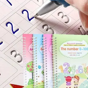 4pcs Magic Handwriting Practice Book Set, Silicone Grip Aid, Reusable Groove Template, 8 Magic Pencils, New Condition, Learning Materials