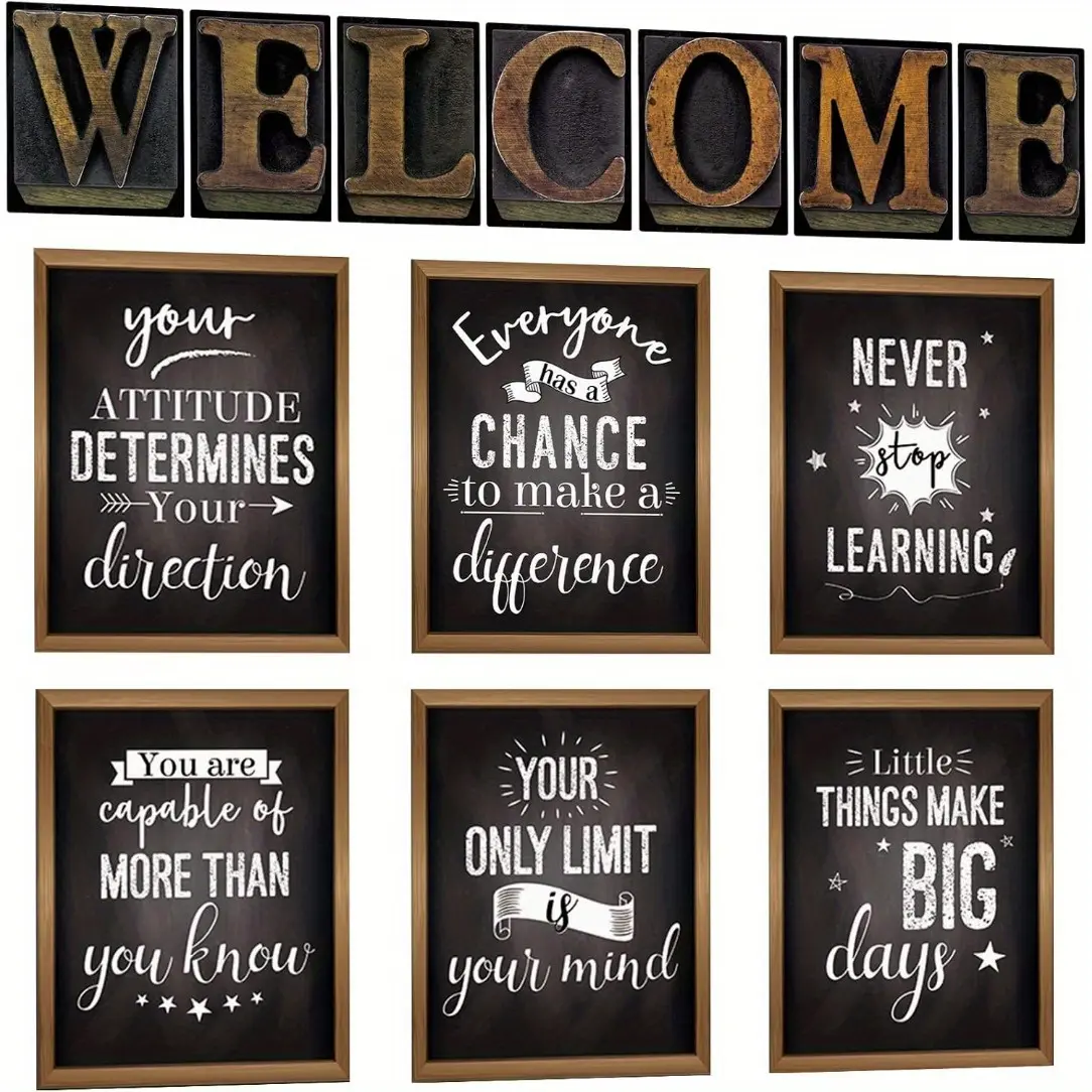 2D Flat 13 Pcs Industrial Chic Bulletin Board Posters, Inspirational Quote Positive Affirmation Motivational Posters with Welcome Sign, Chalkboard Signs for School Decor Classroom Decorations