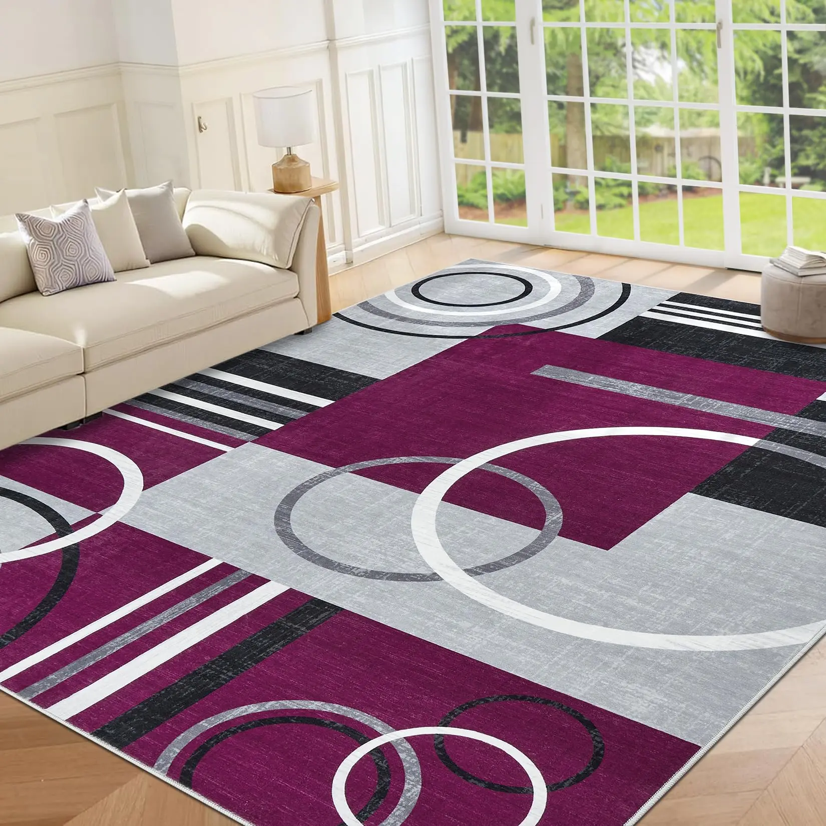 GARVEE Large Area Rug 9x12 Washable Rug for Living Room Abstract Circle Rugs Non Slip Low Pile Soft Rug Stain Resistant Carpet for Bedroom Home Decor, Purple