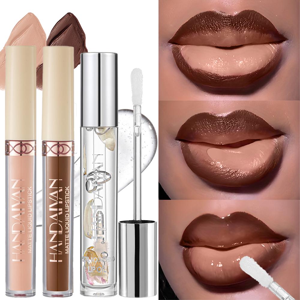 3pcs Matte Lip Gloss & Lip Oil Set - Waterproof Long-Lasting, Non-Stick Velvet Finish, Mixed Shades (Hydrating Matte Lip Liner and Gloss Combo) for Party, Party Festival Christmas Halloween Daily Makeup & Daily Wear, Lip Combo, Assorted Shades Lipstick &