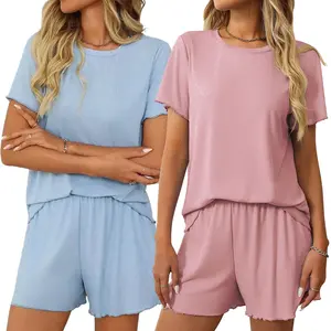 Women's Pajama Set, Soft Comfy Casual Stretch Loungewear, Short Sleeve Top and Pocketed Shorts