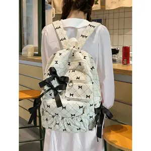 Autumn Winter New Korean Bowknot Sweet Cute School Bag, Large Capacity Backpack for College Students, Junior High & Senior High School, Casual Printed Backpack