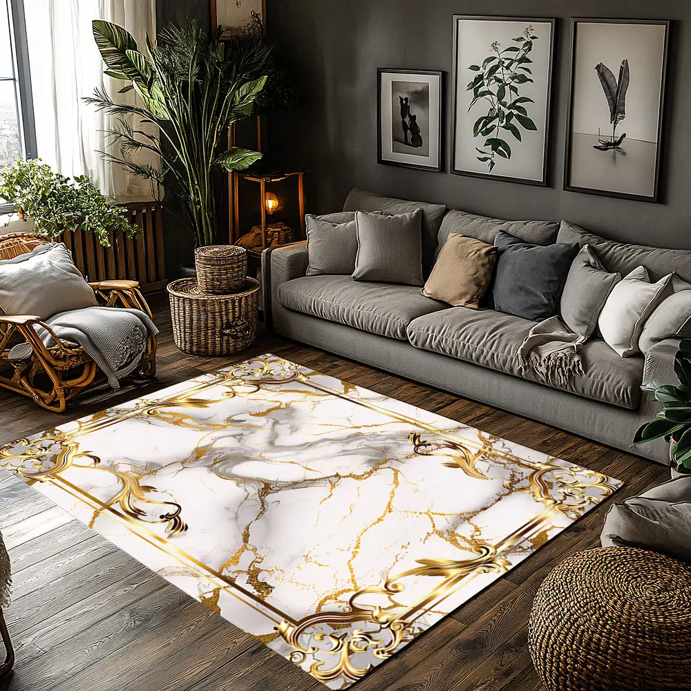 White Marble Gold Ornate Crystal Velvet Area Rug Non‑Slip Luxury Living Room Indoor Rug #LuxuryMarbleRug #ElegantHomeDecor #WhiteGoldRug #BaroqueStyleCarpet #CrystalVelvetRug