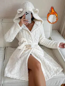 Soft Plush Animal Ear Hooded Cardigan Robe, Cozy Winter Wear, Women, Loungewear, Fashionable Design, Perfect for Cold Weather, Cute Style