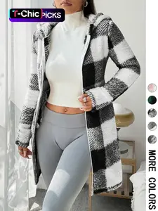 Women's  Plaid Fleece Hooded Fitted Coat, Fitted Casual Outerwear, Soft Fluffy Fleece Fabric & Full Zip Closure & Hooded Design & Mid-Length Silhouette & Multiple Color Options，Valentine，1pc