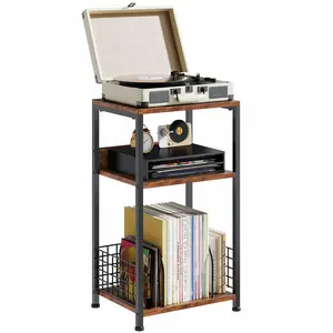 Record Player Stand, 3 Tier Side Table Holds Up to 100 Albums – Sturdy Turntable Stand with Metal Mesh Panels, Records Shelf for Living Room Bedroom, Easy Assembly, Compact Footprint
