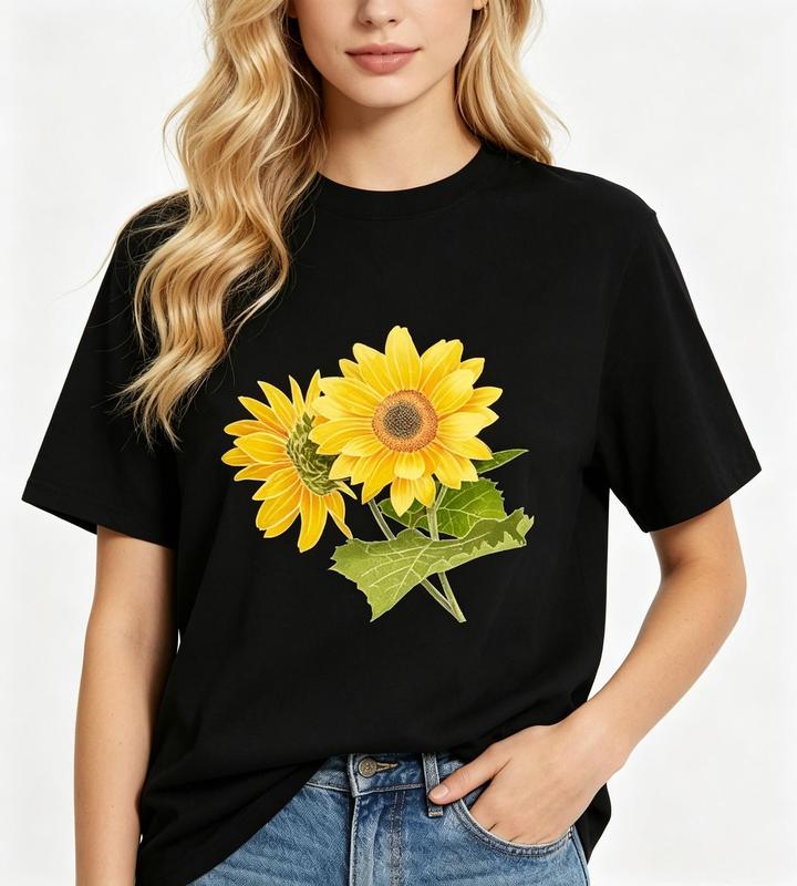 Women's Cotton Comfortable Fit Lady's T-Shirt - Black, Short Sleeve Crewneck, Realistic Double Sunflower Print, Casual Nature Floral Beach Top, Anniversary Gift #sohochic