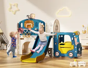 BIERUM 10-in-1 Toddler Playset with Slide, Basketball & Bus Playhouse， Indoor & Outdoor Durable Playground Set Toys for Ages 1-3