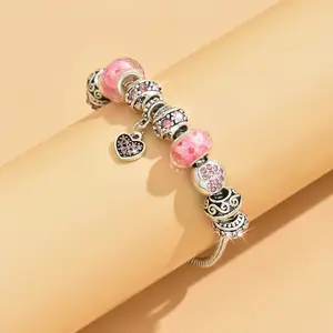 Pink Heart-Shaped Pendant Bracelet Set Female Classic Fashion Accessories for Daily Wear Adjustable Serpentine Chain for Women Trendy Stack Bangle Birthday gift
