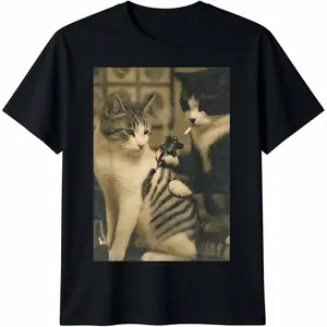 Men's Cotton Shortsleeve Casual Fashion Menswear T-Shirt - Round Neck Streetwear, Vintage Smoking Cat, Tattoo-Inked Kitty Artist Funny Meme Graphic Top