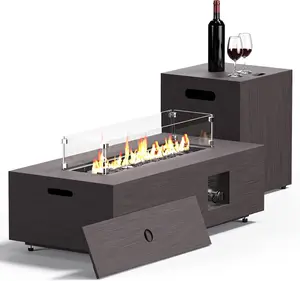 Jocoevol 42” Propane Fire Pit Set, 2-Piece Outdoor Fire Pit Table 50,000 BTU, Rectangular Gas Fire Pit with 20lb Tank Table, Wind Guard, Waterproof Cover，Lava Rocks for Garden, Porch, Backyard