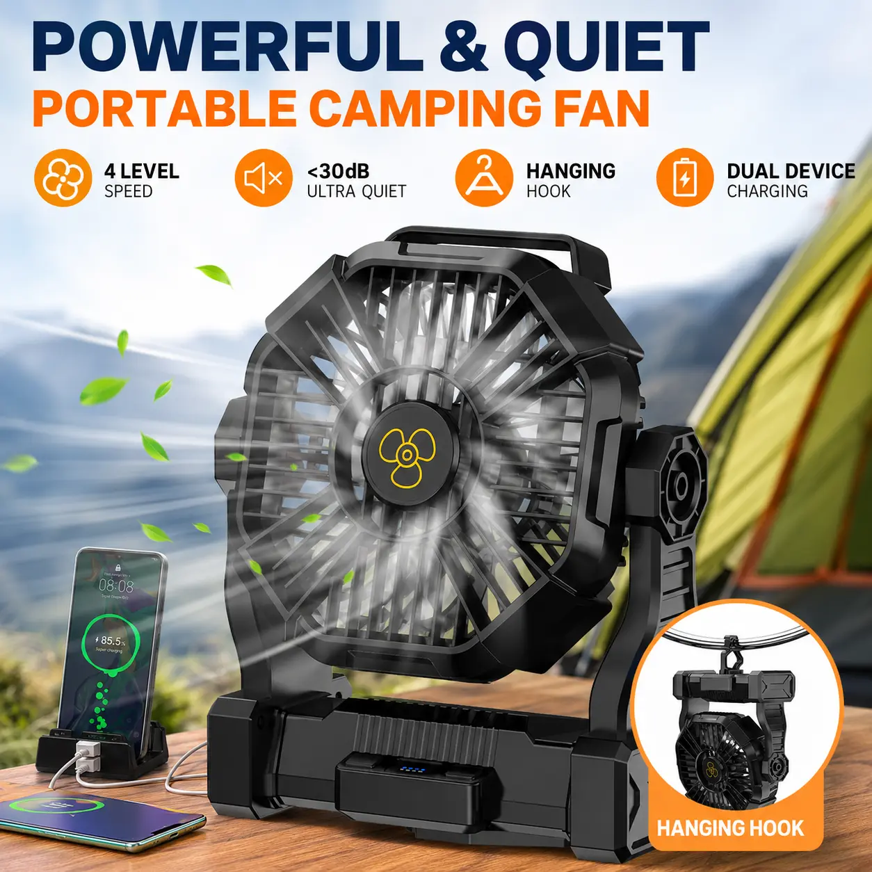 Portable Rechargeable Camping Fan with LED Lantern, Power Bank, 270° Oscillating Function for Camping, RV, Emergency Backup
