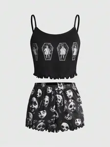 ZESTY NOX Gothic Style Gothic Horror Doll Coffin Lace Camisole Shorts Pajama Set