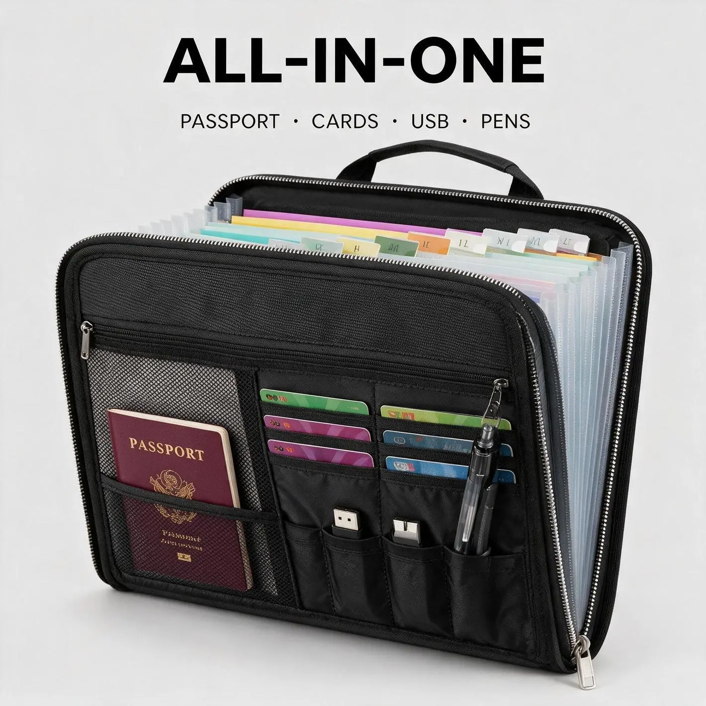 Waterproof Travel Safe File Bag, 13 Compartment A4 Fireproof Folder for Passports and Important Vouchers