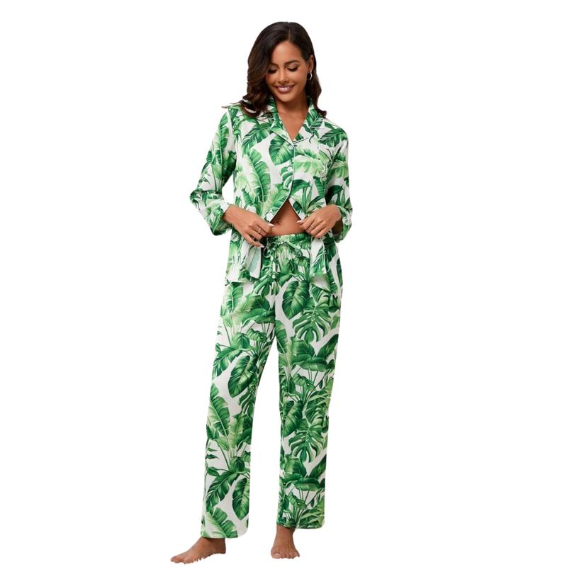 Tropical Green Leaf Silk Satin Pajama Set – Women’s 2 Piece Long Sleeve Button Down Sleepwear