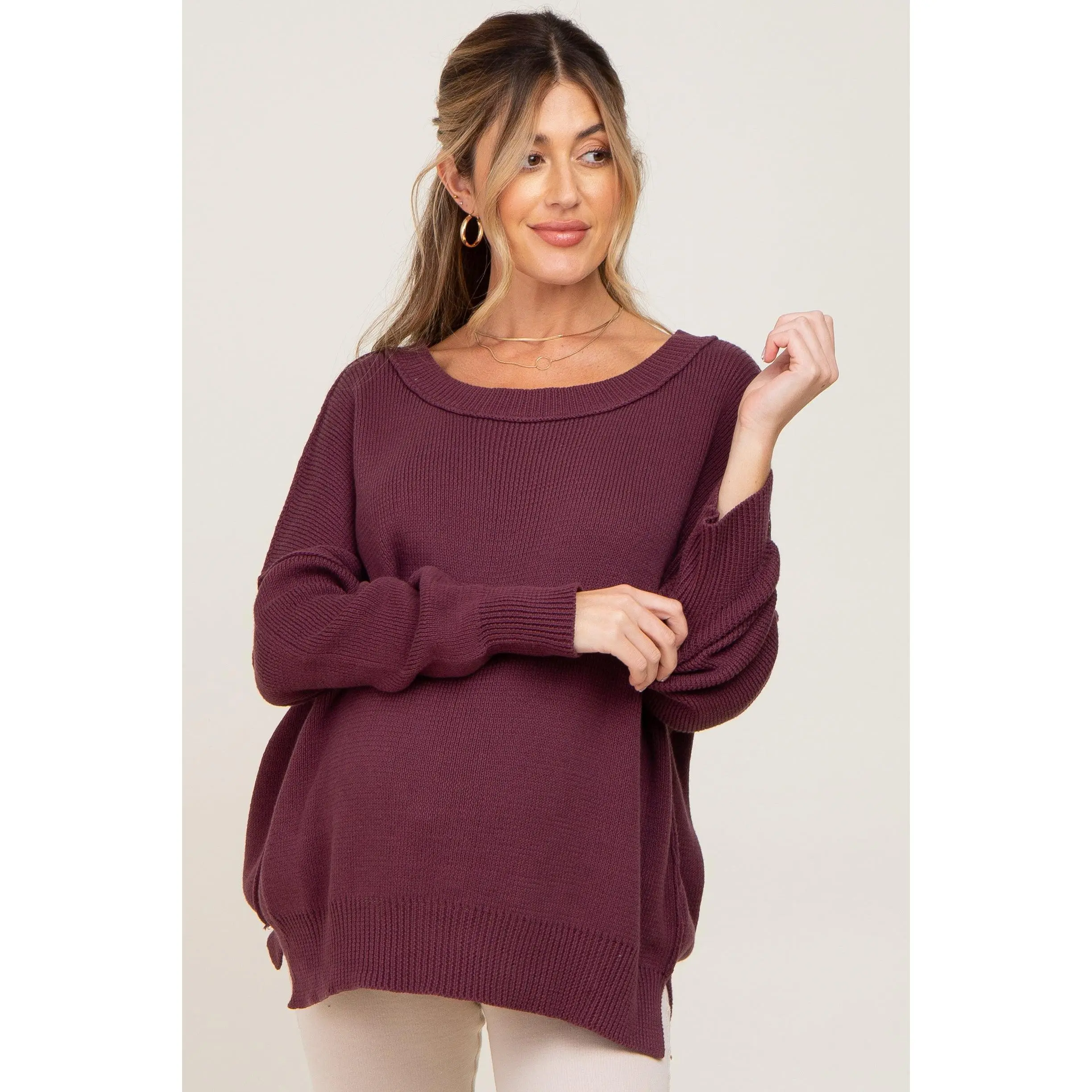 Plum Exposed Seam Side Slit Maternity Sweater