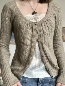 Women's Vintage Pure Color Knitting Cardigan Jacket, Single Button Fall Winter New Fashion Elegant Casual H-Type Sweater, Long Sleeve Fitted Style Knitwear