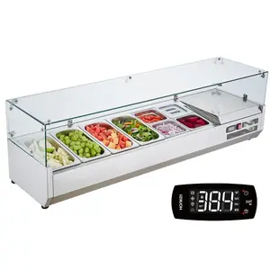 VEVOR Refrigerated Condiment Prep Station, 150 W Countertop Refrigerated Condiment Station, with 4 1/3 Pans 4 1/6 Pans, 304 Stainless Body and PC Lid, Sandwich Prep Table with Glass Guard, ETL