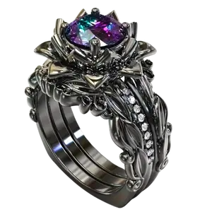 3pcs Rainbow CZ Flower and Leaf Ring Set for Women, Unique Engagement/Wedding Rings, Perfect Valentine's Day Gift for Girlfriend