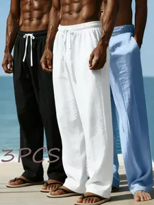 Men's Summer Lightweight Casual Pants, Straight Leg Loose Fit Sportswear, Simple Solid Color, All-Season Outdoor Beachwear, 3-Pack