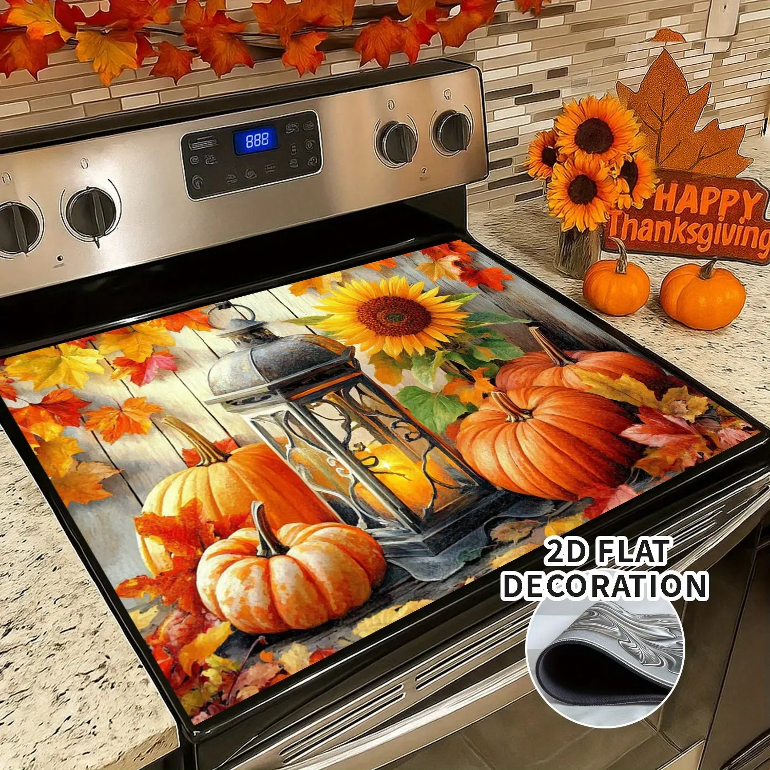 1-Piece Stove Replacement Trim Kit, 2D Flat Pumpkin Design Stove Cover with Induction Cooker Protective Rubber Pad, Extra Countertop Space, Thanksgiving Kitchen Linen, Pumpkin Pattern