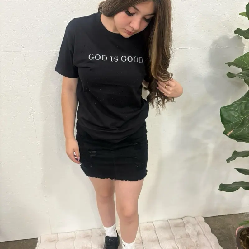 God is Good with Black Rhinestones TShirt - Stylish Black Tee for Everyday Wear