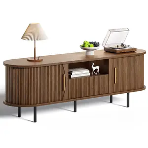 SIKAIC 63in Fluted Walnut Brown Wood TV Stand - Minimalist Modern Television Stand, Indoor Furniture TV Console Cabinet with Curved Sliding Tambour Doors