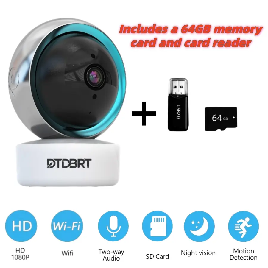 3 million high-definition pixels, DTDBRT1080P panoramic security camera (with 64G TF card), 360° rotating lens, two-way voice control, automatic night vision, motion detection alarm