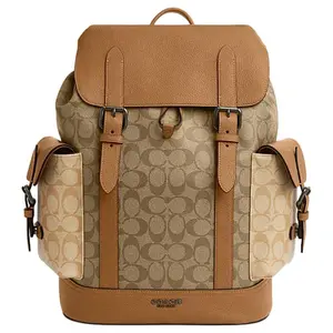 COACH Hudson 30 Classic Monogram Color-Blocked Synthetic and Genuine Leather Backpack for Men in Light Saddle Brown