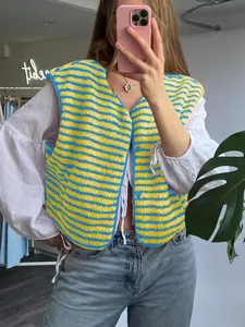 Women's Striped Lamb Wool Sleeveless Winter Warm Jacket, Round Neck Button Vest with Pockets, Casual Fitted H-type Design, Womenswear