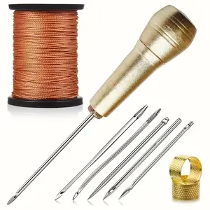 6pcs Canvas Leather Sewing Awl Needle Set, Includes Alloy Handle & 1968.5 Inch Nylon Cord, Perfect for Handmade Leather Repairs