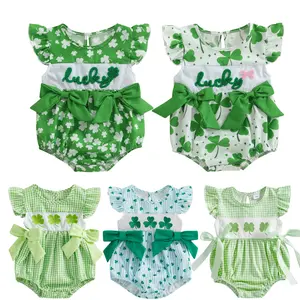 Babamoon My First St Patricks Day Baby Girl Outfit Infant Plaid Bubble Romper Shamrock Embroidery Irish Day Summer Clothes