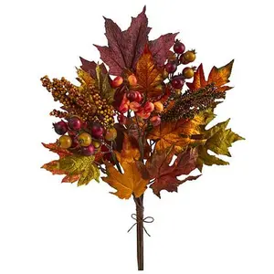 Nearly Natural 20 in. Maple & Berries Flower Bouquet  Set of 3