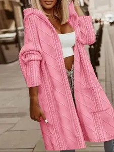 Women's Fall Winter Hooded Windbreaker Jacket, Long Sleeve Fitted Casual Coat, Pockets, Plain Woven Fabric, Warm Vacation Outerwear