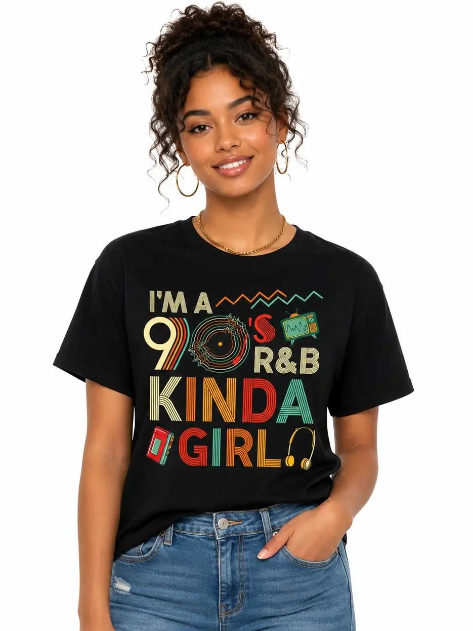 Retro 90s R&B T-Shirt for Women, Casual Vintage Style Graphic Cotton Top with Round Neck and Regular Sleeves, Tshirt, Fashion
