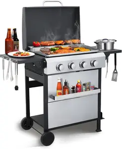 4 Burner Propane Gas Grill with Lid & Foldable Side Tables, 49,200 BTU Outdoor BBQ Grill for Backyard - Stainless Steel Plancha & Cast Iron Cooking Grids Combo