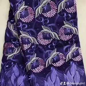 Voil African Lace - Unique Design with Floral and Leaf Patterns in Purple Color . 5yards