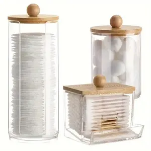 Transparent Storage Jar with Wooden Lid, Set of 3 Cotton Swab Containers, Bathroom Organizer for Balls, Sticks & Floss, Bathroom Organization