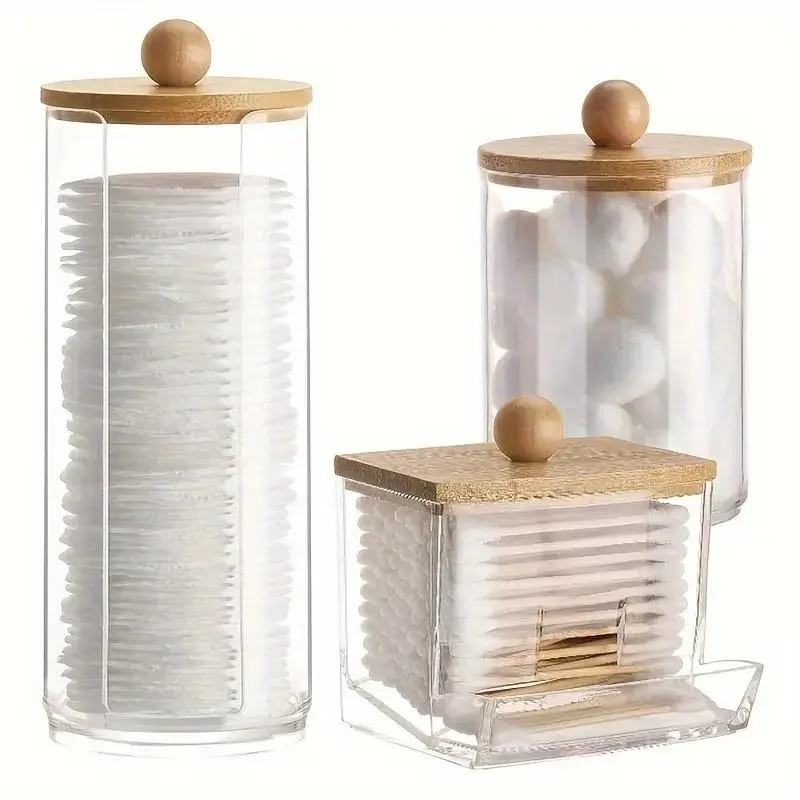 Transparent Storage Jar with Wooden Lid, Set of 3 Cotton Swab Containers, Bathroom Organizer for Balls, Sticks & Floss, Bathroom Organization, Bathroom Accessories, Bathroom Counter Organizer