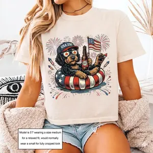 Comfort Colors Boxy Tee Patriotic Labradoodle Dog Graphic Tee Cropped Shirt Womens USA Flag Puppy Shirt 4th of July Vintage 90s Aesthetic Dog Lover Gift