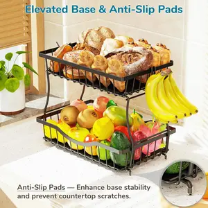 2-Tier Fruit Basket for Kitchen Counter with 2 Banana Hangers – Metal Fruit Bowl for Onion, Vegetable, Snack & Bread Storage – Countertop Organizer – Black