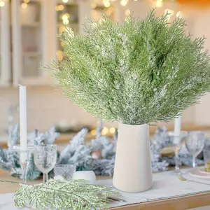 30PCS Snow Frost Pine Branches Artificial Snow Pine Needles Branches, Green Cedar Branches Pine Stems for Home Garden Decoration